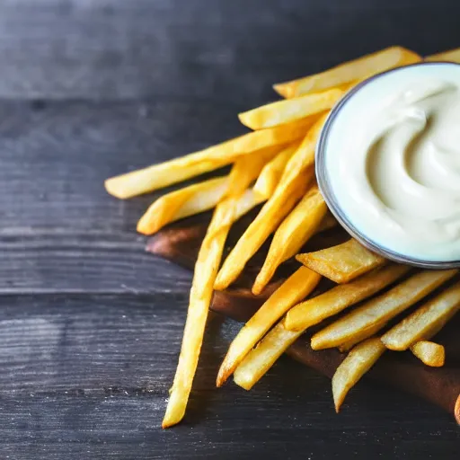 Prompt: the most delicious portion of french fries with mayo on the side, on a wooden table, close - up, photography