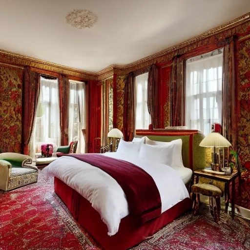 Prompt: bedroom at extremely expensive victorian - era hotel in london. high - fashion boutique hotel. detailed beautiful photography.