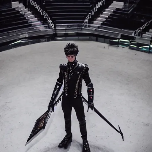 Prompt: High angle shot of Austin Butler dressed in futuristic-baroque duelist-garb and carbon-armor, standing in an arena, XF IQ4, f/1.4, ISO 200, 1/160s, 8K, RAW, unedited, symmetrical balance, face in-frame