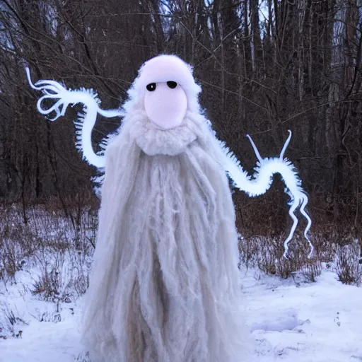 Prompt: a cute but unnerving fluffy humanoid ethereal ghost like live action muppet wraith like alien figure with a squid shaped parasite overtaking its head with four long tentacles for arms that flow gracefully at its sides while it floats around the frozen woods searching for lost souls and that hides amongst the shadows in the trees, this character can control the ice and snow and has mastery of the shadows, it is a real muppet by sesame street, photo realistic, real, realistic, felt, stopmotion, photography, sesame street