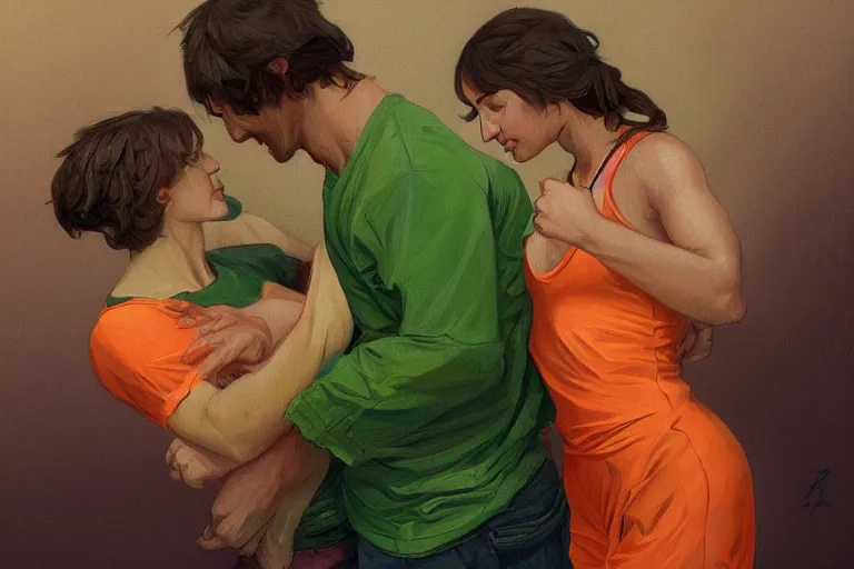 Image similar to portrait of a man in orange t - shirt wrestling with a girl in green dress, highly detailed, digital painting, artstation, concept art, smooth, sharp focus, illustration, art by artgerm and greg rutkowski and alphonse mucha