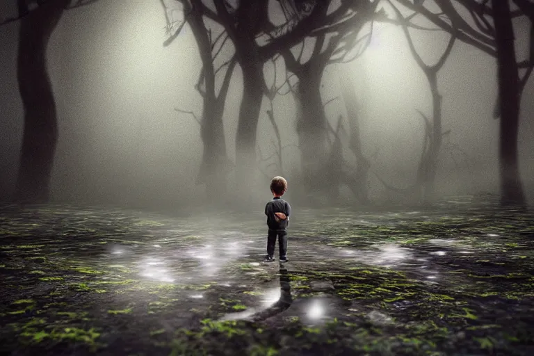 Prompt: a moody scene of a little boy talking with a spirit like a ghost in the middle of a rain forest at night, ultra realistic, style of