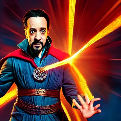 Image similar to A movie still of Lin-Manuel Miranda as Zombified version of Dr Strange, dynamic lighting, 8k, Heroic Pose, 2022 picture of the year