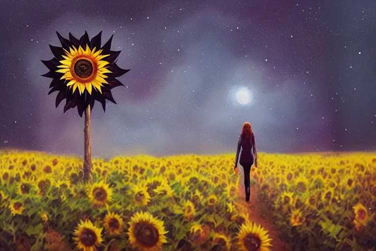 Image similar to giant sunflower as a head, girl walking between trees, hills, surreal photography, dark night, star trails, dramatic light, impressionist painting, clouds, digital painting, artstation, simon stalenhag