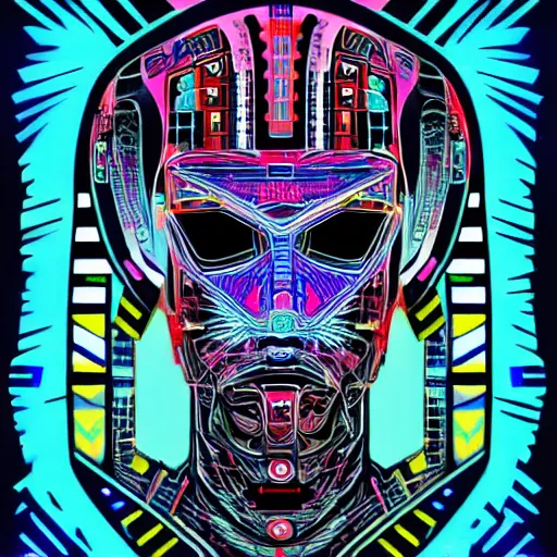 Image similar to hyperdetailed portrait of a cyberpunk aztec futurism robot head, 8 k, symetrical, trippy flourescent colors, halluzinogenic, tshirt art, black background