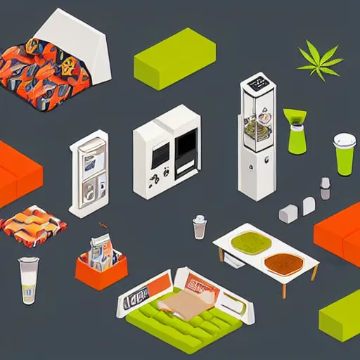 Image similar to isometric cartoon of funky recreational cannabis cafe area, baristas coffee machine, aluminum sheen, people drinking coffee and smoke cannabis cigarettes, weed vending machines, only 3 tables beanbags, 4 cannabis pots, by benoit mandelbrot, low poly cute minimal interior design concept art illustrated by anni albers, 2 d game art