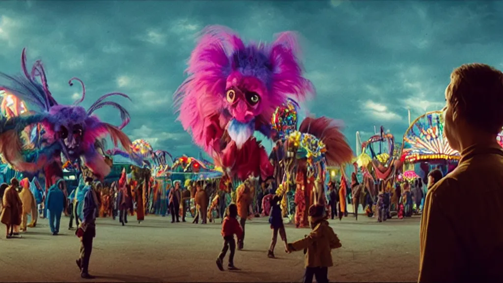 Image similar to the forbidden creature at the carnival, , film still from the movie directed by Denis Villeneuve with art direction by Jack Kirby, wide lens