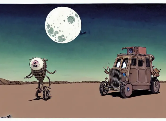 Image similar to a cell shaded cartoon of a lovecraftian mechanized sloth from howl's moving castle ( 2 0 0 4 ), on a desert road, in front of a pale full moon, full body, wide shot, very dull muted colors, studio ghibli, laurie greasley, highly detailed, deviantart, art by artgem