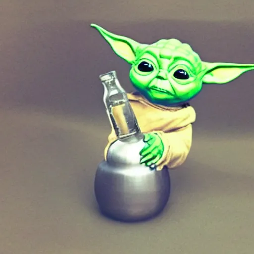 Image similar to baby Yoda smoking gravity bong photo realism