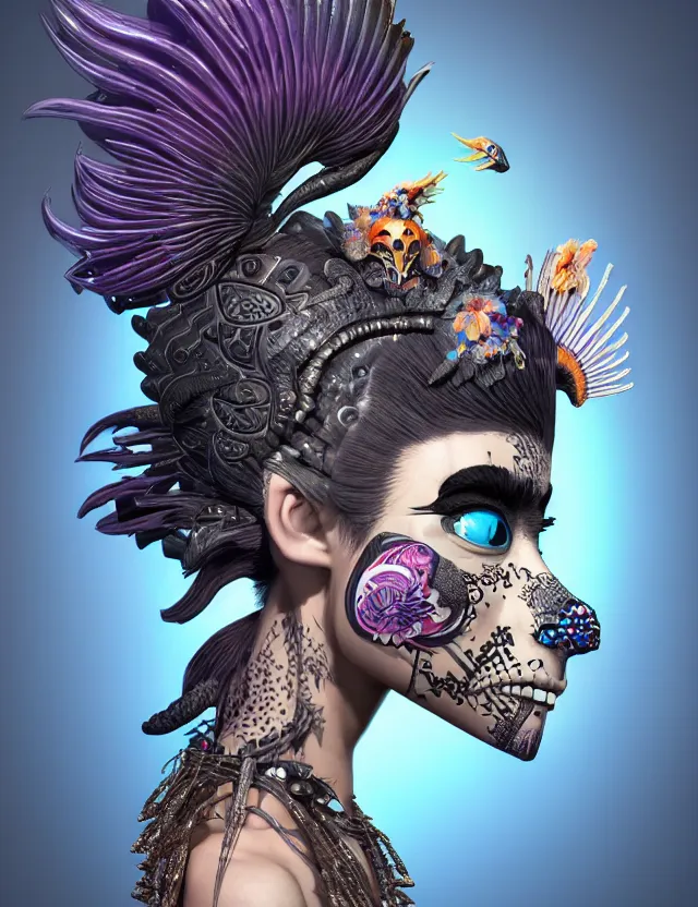 Image similar to 3 d goddess close - up profile portrait punk with mohawk with ram skull. beautiful intricately detailed japanese crow kitsune mask and clasical japanese kimono. betta fish, jellyfish phoenix, bio luminescent, plasma, ice, water, wind, creature, artwork by tooth wu and wlop and beeple and greg rutkowski