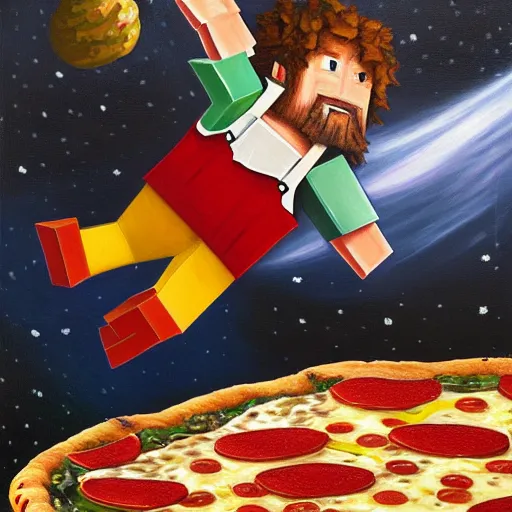 Prompt: highly detailed oil painting by caravaggio in the minecraft universe of a happy little boy flying through space eating pizza and cheese, where the planets are candy, hd, trending on artstation