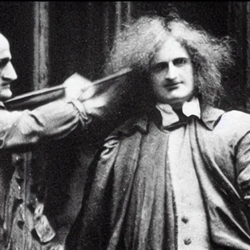 Image similar to a close - up old black and white photo, 1 9 1 3, depicting isaac newton wearing a big wig fighting gottfried leibnitz wearing a big wig in the streets of paris, rule of thirds, historical record