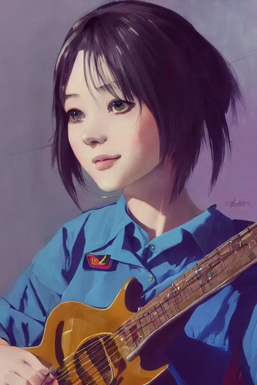 Image similar to a cute girl wearing school uniform playing electric guitar | | really good looking face!!, realistic shaded perfect face, fine details, anime, realistic shaded lighting poster by ilya kuvshinov katsuhiro otomo ghost - in - the - shell, magali villeneuve, artgerm, jeremy lipkin and michael garmash and rob reyt