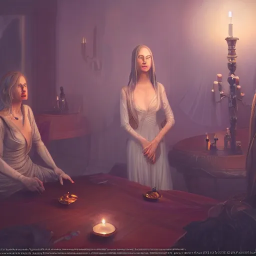 Image similar to Séance but everybody is a ghost, elegant, Hyper-realistic, 4K, Unreal Engine, Highly Detailed, HD, Dramatic Lighting by Brom, golden hour, trending on Artstation