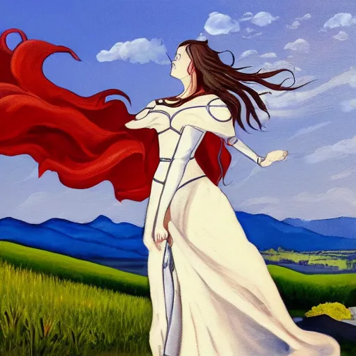 Prompt: a painting that depicts a young woman sending her knight off to battle. She is standing on a hill with her arms outstretched, and her hair blowing in the wind. The sky is clear and blue, and the sun is shining. The woman is wearing a white dress, and her face is full of emotion. She looks sad, but also proud and determined. The knight is mounted on his horse, and he is looking at the woman. He has a sword in his hand, and he looks ready for battle. The horse is rearing up, and the knight is ready to ride off into battle in the style of Edmund Leighton.