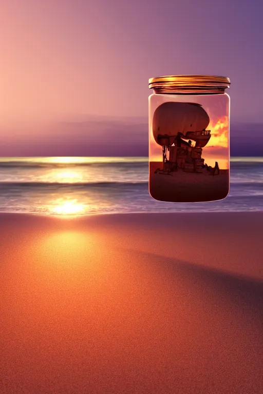 Prompt: photograph of a glass jar with a pirate ship inside, buried in sand on a beach. quiet sunset in the background. soft golden red lighting. hyperrealistic, cgsociety, 8 k, beautiful digital painting