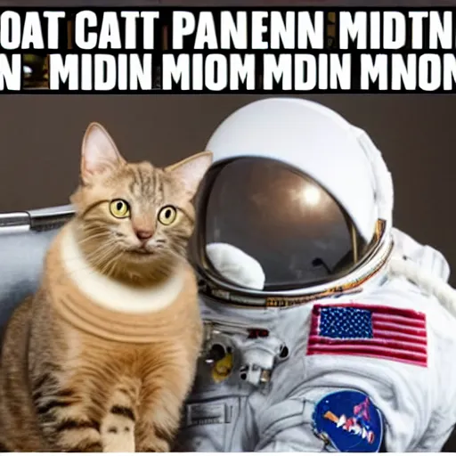 Prompt: a cat astronaut : 5 0 in space looking at the moon : 1 0 0
