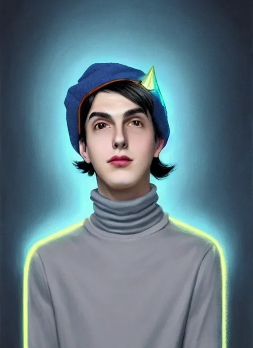 Image similar to portrait of teenage jughead jones wearing a light grey crown, crown, blue turtleneck, 1 9 5 0 s, closed eyes, photorealistic, black hair, glowing lighting, intricate, elegant, glowing lights, highly detailed, digital painting, artstation, concept art, smooth, sharp focus, illustration, art by wlop, mars ravelo and greg rutkowski