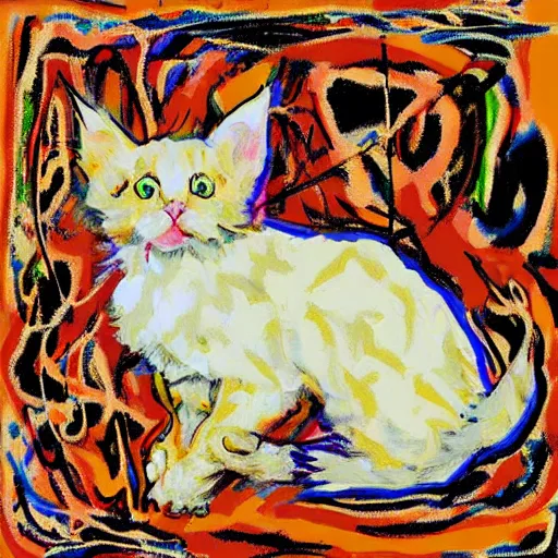 Prompt: a cream - colored maine coon kitten, digital art, abstract expressionists, jackson pollock, willem de kooning. energy influenced by both nature and music