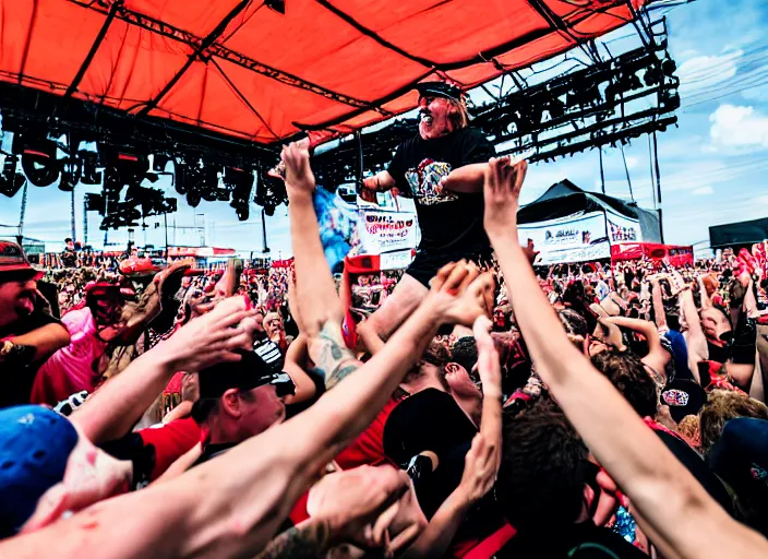 Image similar to photo still of gallagher at vans warped tour!!!!!!!! at age 4 5 years old 4 5 years of age!!!!!!! throwing watermelons at a crowd, 8 k, 8 5 mm f 1. 8, studio lighting, rim light, right side key light