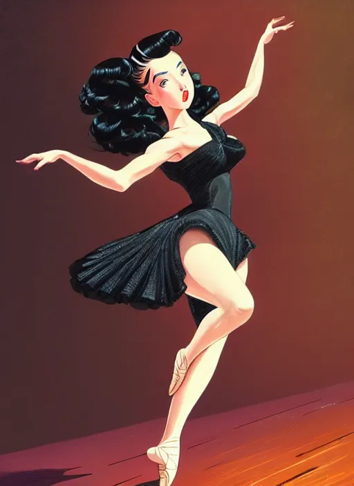 Image similar to a beautiful dancer with black hair in 1940's fashion, ballroom background, intricate, highly detailed, digital painting, artstation, official media, anime key visual, concept art, rich vivid colors, ambient lighting, sharp focus, illustration, art by Artgerm, Makoto Shinkai, Ilya Kuvshinov, Lois Van Baarle, and Rossdraws