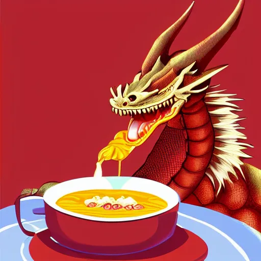 Image similar to Funny Dragon eating russian borsch soup on the Red Square, digital art