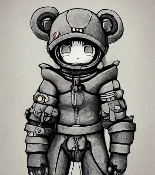 Prompt: beautiful little boy wearing an cyborg bear suit, artwork in kentaro miura and made in abyss, inspired in super bomberman, smooth, beautiful lightness, anatomically correct, trending on pixiv, space