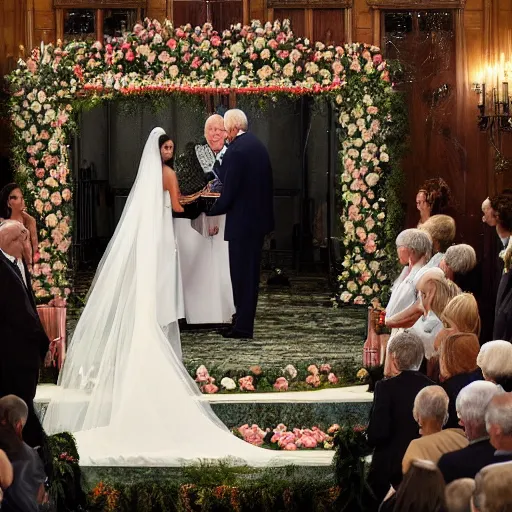 Prompt: professional photograph of Joe Biden and Kim Kardashian getting married, highly detailed, highly intricate, 8k,