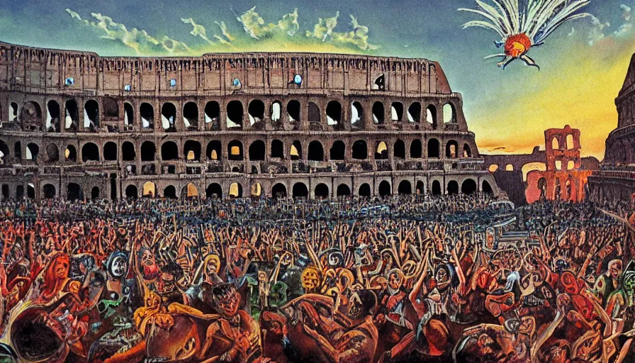 Prompt: rave party at the Colosseum by Kelly Freas