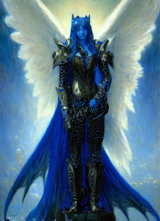 Prompt: angel knight gothic girl in dark and blue dragon armor. by gaston bussiere