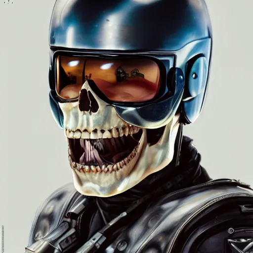 Prompt: a portrait of an anthropomorphic vintage skull in a racing helmet by sandra chevrier, detailed render, epic composition, cybernetics, 4 k realistic, cryengine, realistic shaded lighting, sharp focus, masterpiece, by matteo scalera, gary montalbano, peter elson in the style of the tokyo ghost comic