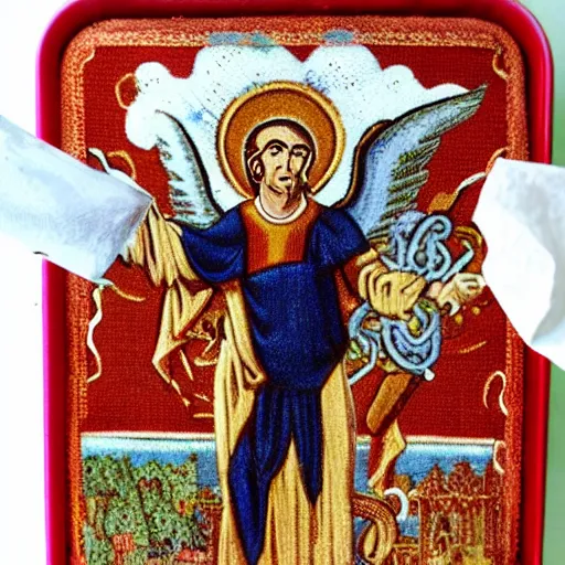 Prompt: Saint Michael hangs demons with velvet thread & opens a torrent of tissue flames in a scene created in a box of Altoids