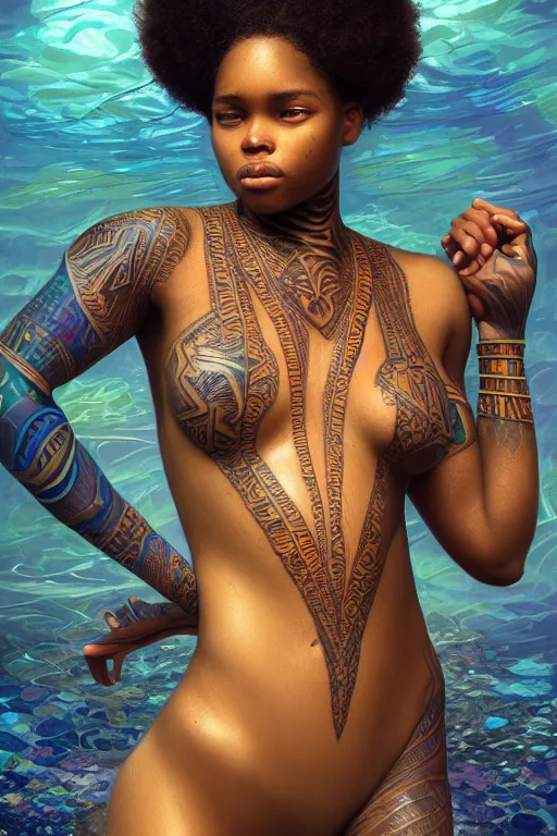 Image similar to underwater photography full body portrait of beautiful nubian ancestral tribal tattooed young hunter pincess, swimming underwater low angle realistic 4 k high quality photography by terry o'neill intricate, elegant, highly detailed, digital painting, artstation, concept art, smooth, sharp focus, illustration, art by artgerm and greg rutkowski and alphonse mucha, 8 k