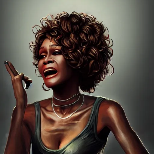 Prompt: whitney houston as a fierce zombie, 7 days to die zombie, fine art, award winning, intricate, elegant, sharp focus, cinematic lighting, highly detailed, digital painting, 8 k concept art, art by guweiz and z. w. gu, masterpiece, trending on artstation, 8 k