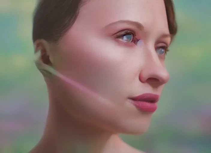 Image similar to cinematic mid shot of a high detail, refined woman's face looking off camera. fine facial features. she stands in an empty, pastel colourful 3 d, forrest scene, shallow depth of field, multiple copies of the woman, by jeffrey smart and gregory crewdson and edward hopper, inspired by the grand budapest hotel