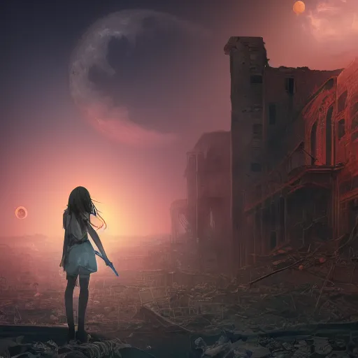 Image similar to A beautiful picture of a blue eye suicidal girl against the background of ruins of a destroyed city and a yellow-red moon, artstation, extremely detailed, volumetric lighting, atmosphere, hyper realism, fantasy 4k