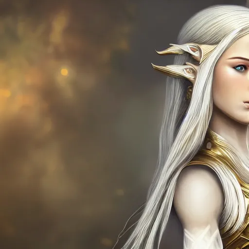 Prompt: side portrait of a young female elven warrior, fantasy, white hair, hair blowing in the wind, gold armour, white skin, trending on artstation, gsociety, D&D, elegant, highly detailed, realistic eyes, detailed illustration, smooth, sharp focus, upper body, intricate, rule of thirds, holy glow, backlit, dark background hd 4k by Greg Rutkowski, Alphonse Mucha, Ayami Kojima, Charlie Bowater, Artgerm, Loish, Kentaro Miura, Karol Bak, Greg Hildebrandt, Norman Rockwell