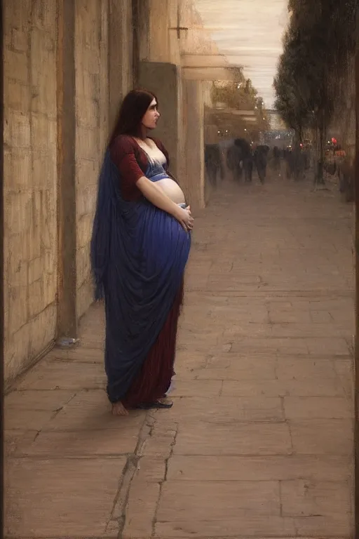 Image similar to pregnant woman under street light by john william waterhouse and Edwin Longsden Long and Theodore Ralli and Nasreddine Dinet, oil on canvas. Cinematic, hyper realism, dramatic lighting, high detail 4k