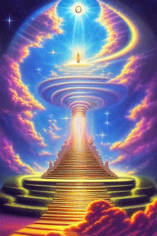 Prompt: a photorealistic detailed cinematic image of a beautiful vibrant iridescent future for human evolution, spiritual, divinity, beautiful, attain enlightenment, cumulus clouds, ornate spiral stairs, isometric, by pinterest, david a. hardy, kinkade, lisa frank, wpa, public works mural, socialist