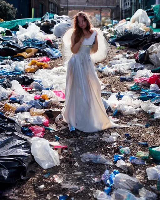 Image similar to a beautiful photo of a Young female with long hair and reflective eyes, Queen of trash wearing a gown made of plastic bags and trash, surrounded by trash all around and in the background, top cinematic lighting , very detailed, shot in canon 50mm f/1.2