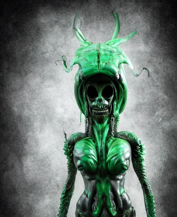 Image similar to xenomorph queen goth model skull eyes hybrid, dragon eggs, dark emerald mist colors, giger background liminal void, cinematic lighting, realistic, award winning photograph, various refining methods, micro macro autofocus