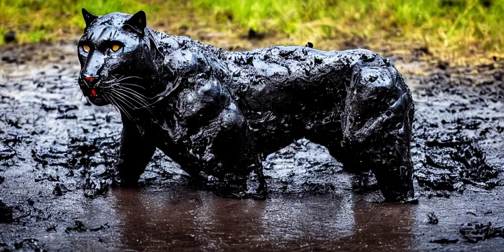 Image similar to a panther, made of tar, bathing inside the tar pit, full of tar, covered with liquid tar. dslr, photography, realism, animal photography, color, savanna, wildlife photography