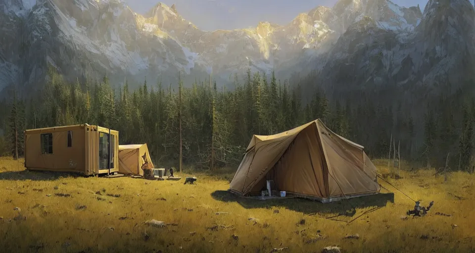 Image similar to cabela's beautiful comfortable carbon framed, modular insulated wall portable container home kit - house all weather family dwelling tent house, person in foreground, mountainous forested wilderness open fields, beautiful views, painterly concept art, environmental concept art, concept art illustration, by james gurney, by craig mullins, by greg rutkowski trending on artstation