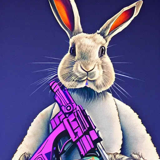 Image similar to portrait of rabbit with UV neon fur holding a machine gun , 8k, highly detailed, sharp, realistic, in style of Brom