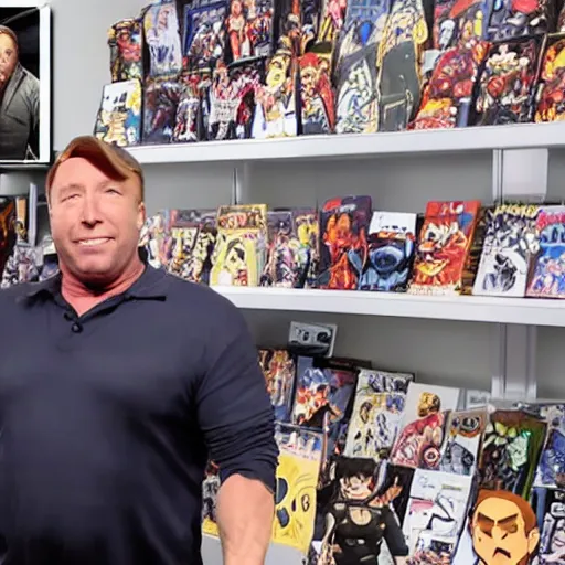 Image similar to alex jones proudly displaying his waifu body pillow in a room full of action figures