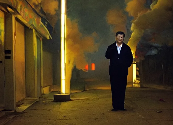 Prompt: xi jinping smoking a cigarette, heroic shot, post apocalyptic, future, cyber - punk, 8 0 s, wide shot, at night, neon lights