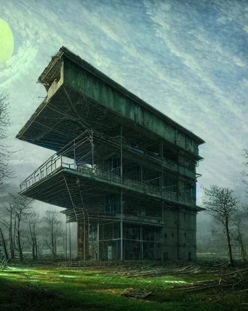 Prompt: a beautiful very detailed illustration of blockhouse industrial architecture building unfinished building nature abandoned architecture urbex by caspar david friedrich, sci - fi vaporwave uv light, archdaily, wallpaper, highly detailed, trending on artstation.