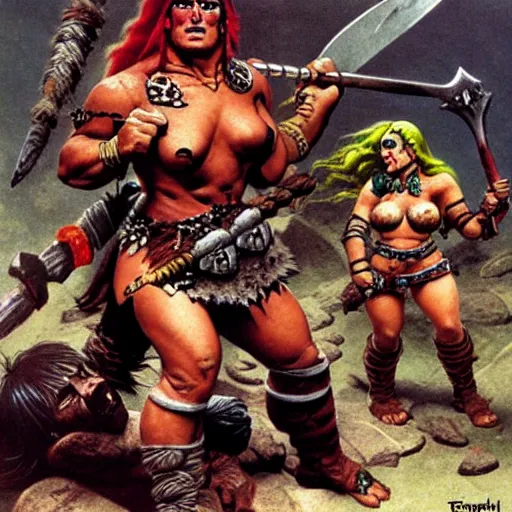 Prompt: female barbarian on a pile of skulls, surrounded by slain orcs, in style of frank frazetta