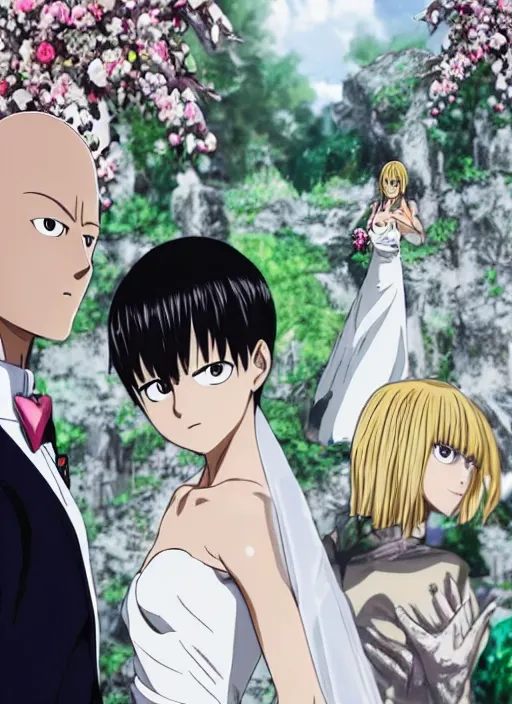 Prompt: saitama one punch man instagram couple's wedding photo shoot, closeup photo