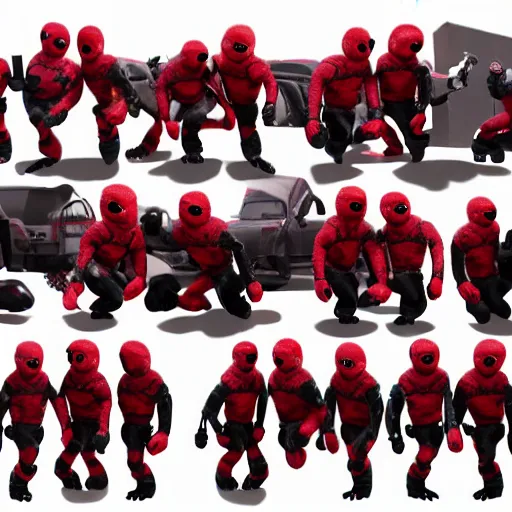 Image similar to wade wilson claymation, deadpool, action scene, explosions, cinematic, volumetric lighting